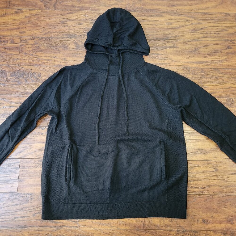 AWAY Travel Merino Wool Black Drawstring Pullover Hoodie sz XL EUC Basic Casual